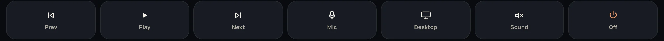Bottom row: Prev, Play, Next, Mic, Desktop, Sound, Off