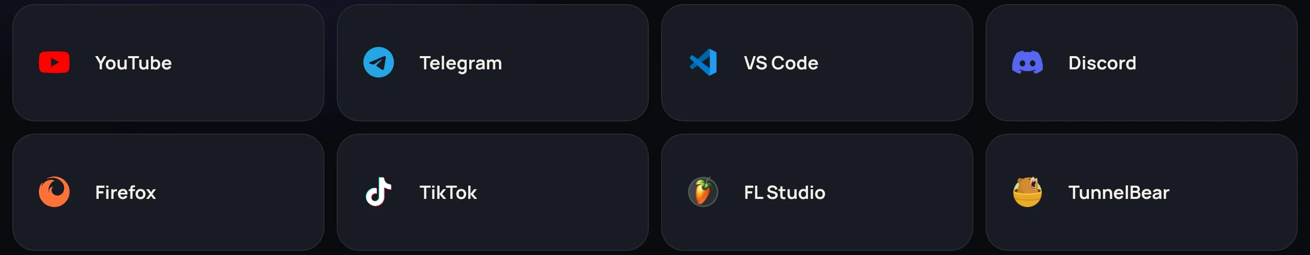 App buttons: YouTube, Telegram, VS Code, Discord, Firefox, TikTok, FL Studio, TunnelBear