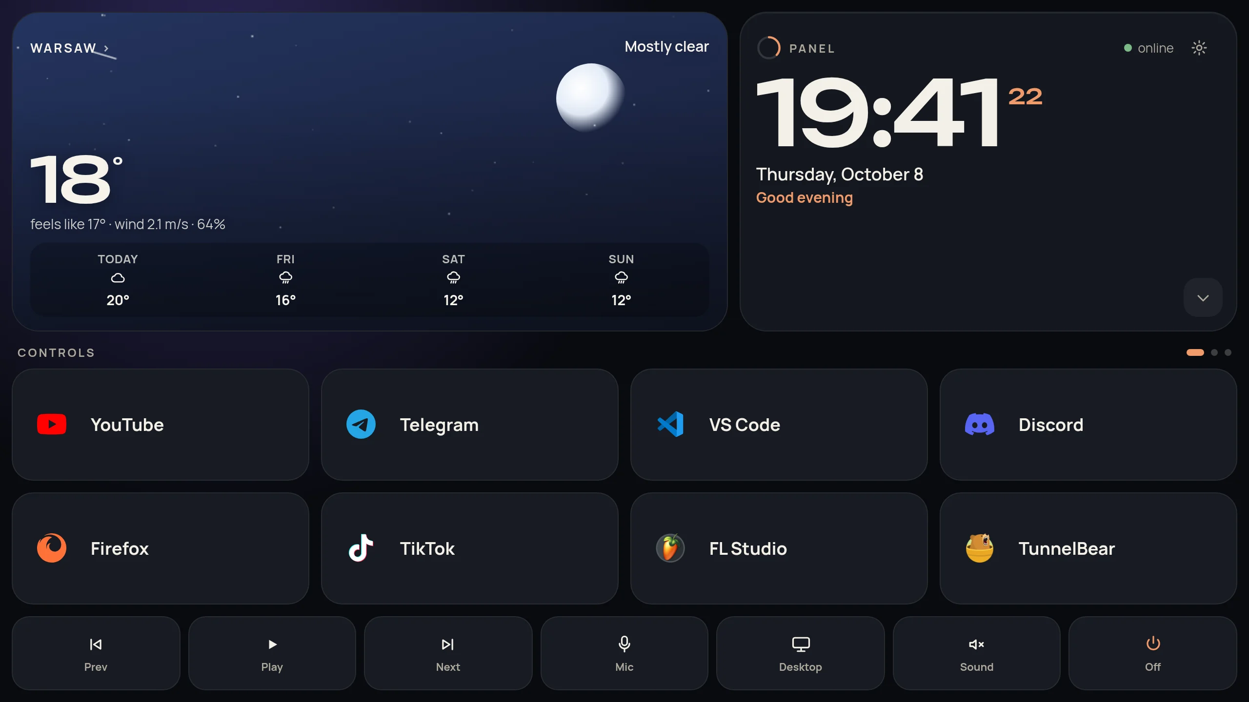 loofy home screen with weather, clock and app buttons